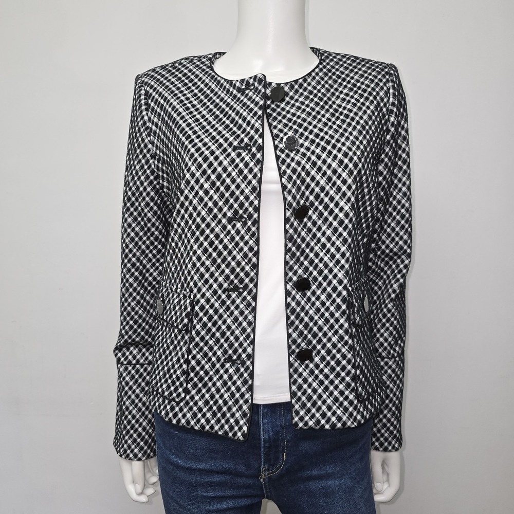 Spanx Ponte Knit Lady Jacket Blazer Jacquard Black White Plaid Size M Collarless